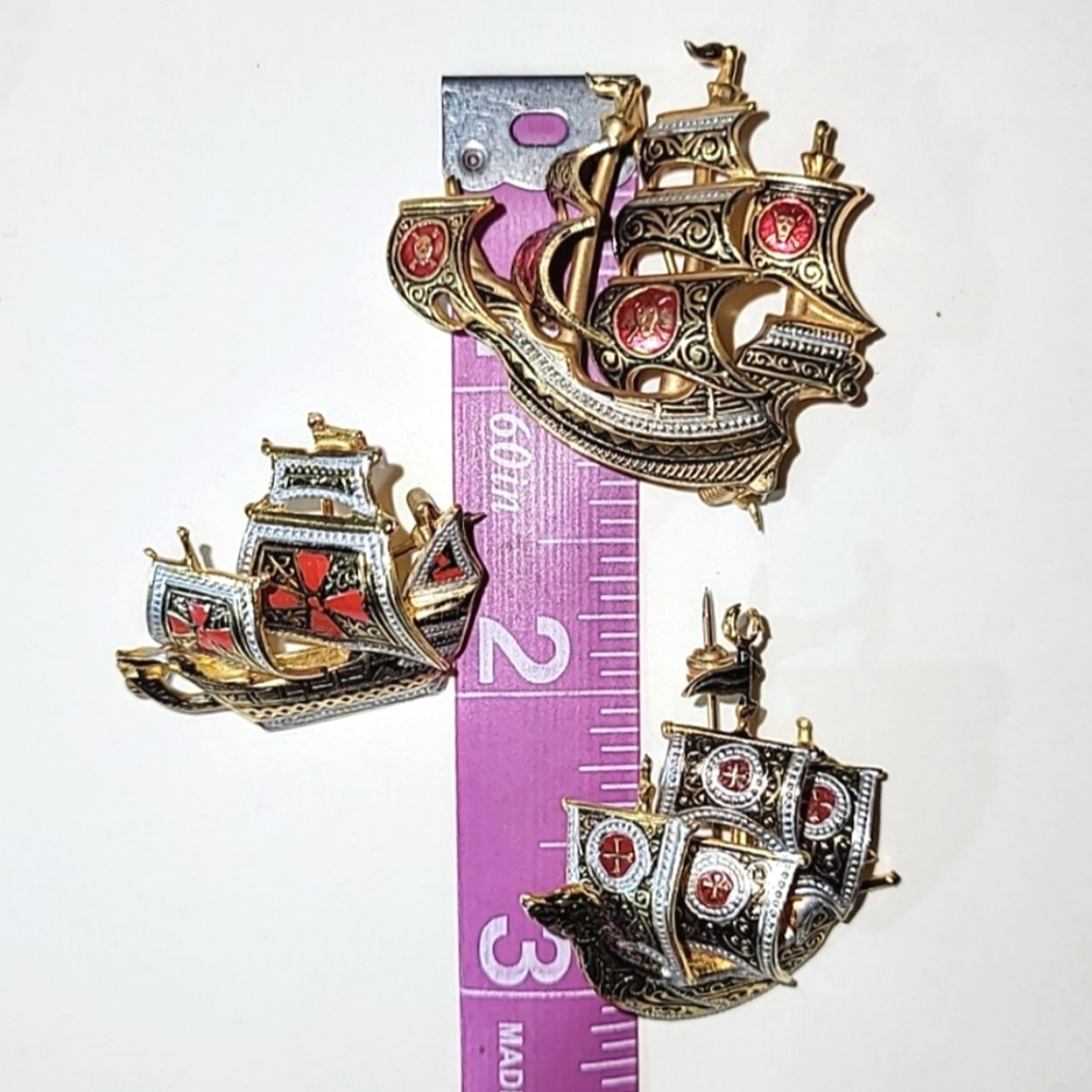 DAMASCENE SPANISH ARMADA SAILING SHIP BROOCHES - PIRATE SHIP, MALTESE CROSS - Picture 12 of 13